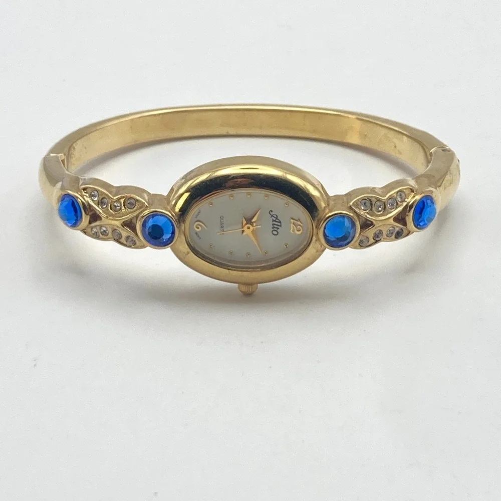 Alto Women's Watch 19mm Gold Tone Blue Crystals Cuff Oval New Battery 6.25